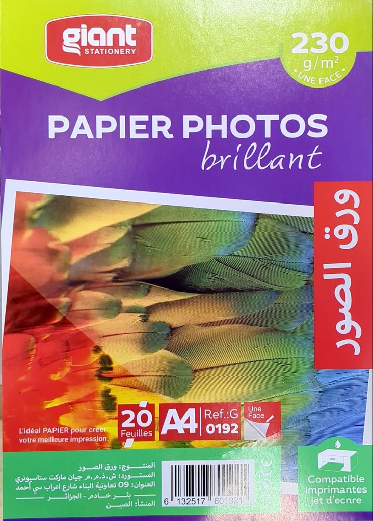 PAPIER PHOTO BRILLANT A4 230G 20F REF 0192 GIANT