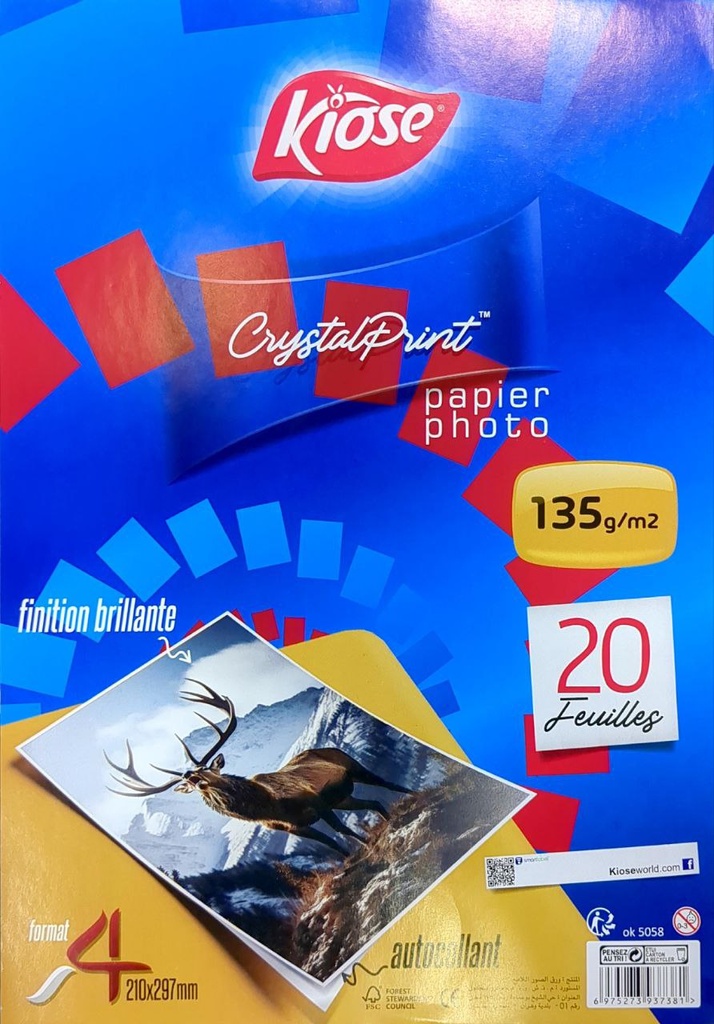 PAPIER PHOTO AUTOCOLLANT A4 135G 20F KIOS