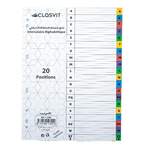 INTERCALAIRE ALPHABETIQUE 20 POSITIONS REF 12300 
