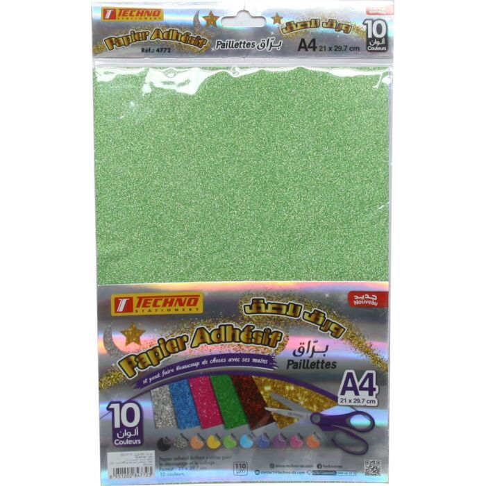 PAPIER ADHESIF PAILLETTES 10 COULEUR A4 REF 4772 TECHNO